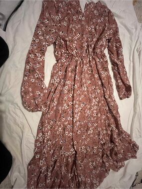 SHEIN Dusty Rose Floral Long Sleeve Midi Dress